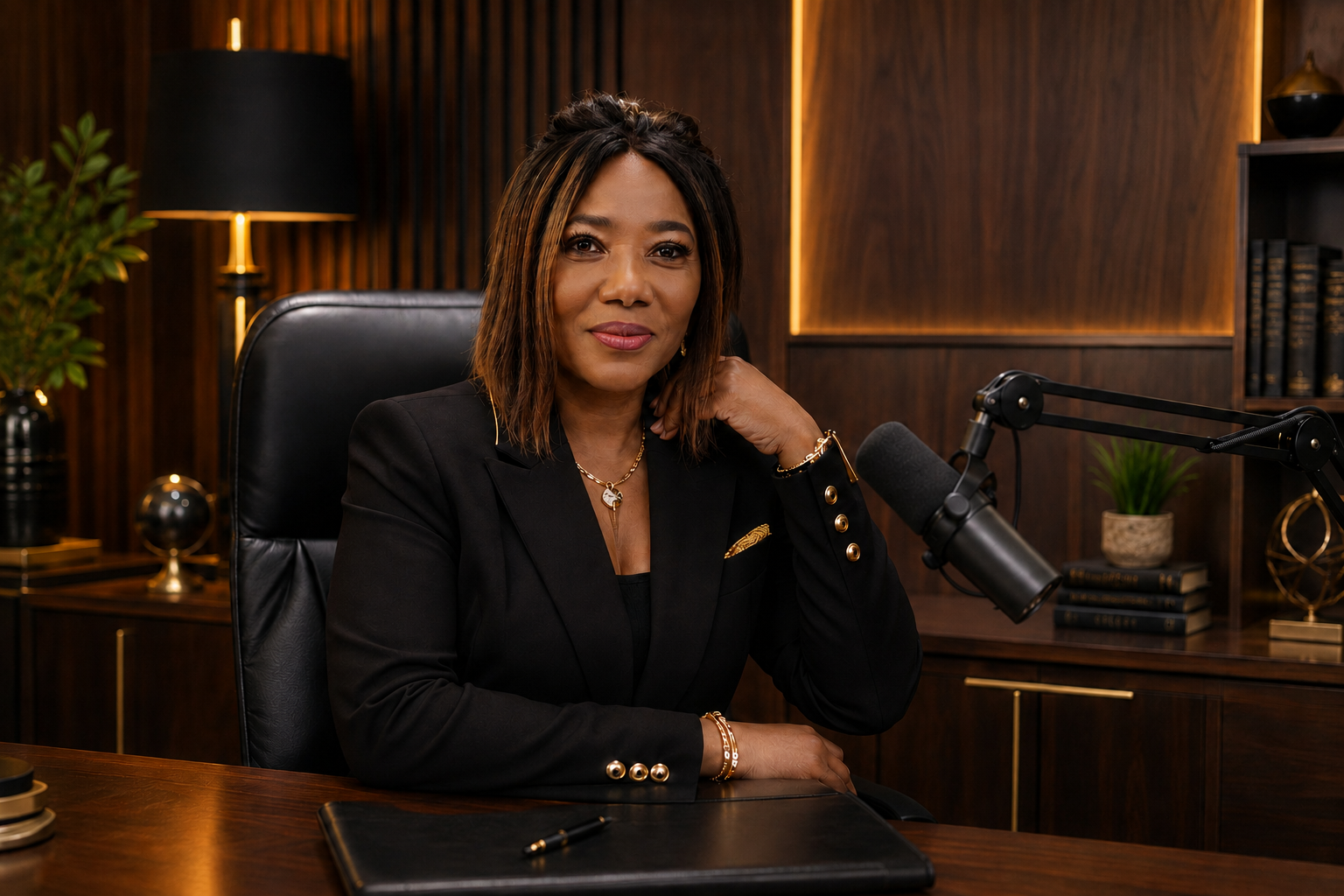 Remi Ogidan seated in a warm executive studio beside a broadcast microphone